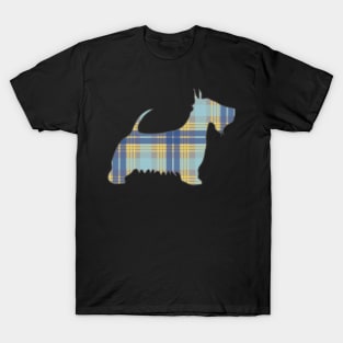 Blue, Grey and Yellow Tartan Scottish Terrier Dog Silhouette T-Shirt